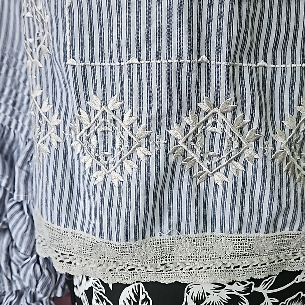 Love Sam Off Shoulder,Pinstriped,Boho Embroidered Top with Layered Cuffs - Picture 3 of 11